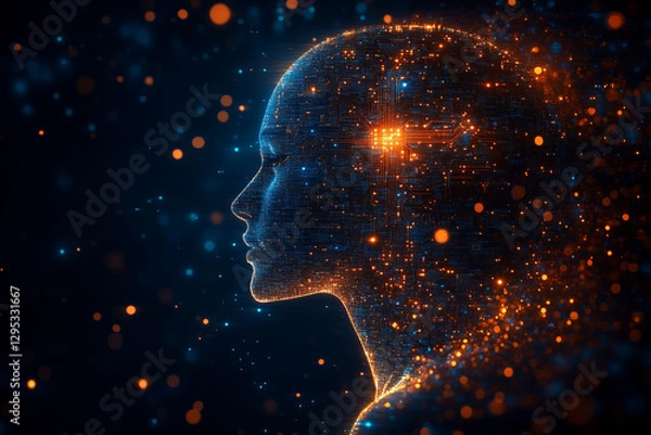 Fototapeta Futuristic digital head profile with glowing orange particles and cybernetic network illumination.