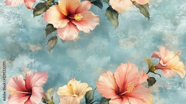 Obraz A romantic watercolor composition of hibiscus and lilies in pastel pinks and yellows, forming a soft floral pattern on a vintage faded blue backdrop, painted with intricate brushstrokes.