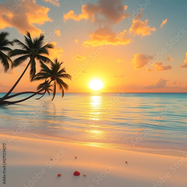 Fototapeta Golden Hour Over a Peaceful Ocean with Palm Trees