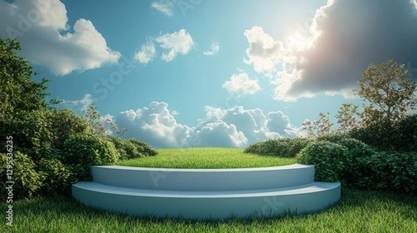 Fototapeta white podium backdrop with grass field and sky background catoon