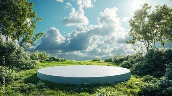 Fototapeta white podium backdrop with grass field and sky background catoon