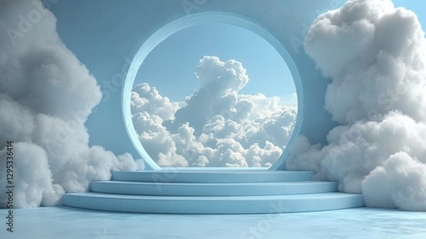 Fototapeta white podium with blue sky and softclouds product display background catoon