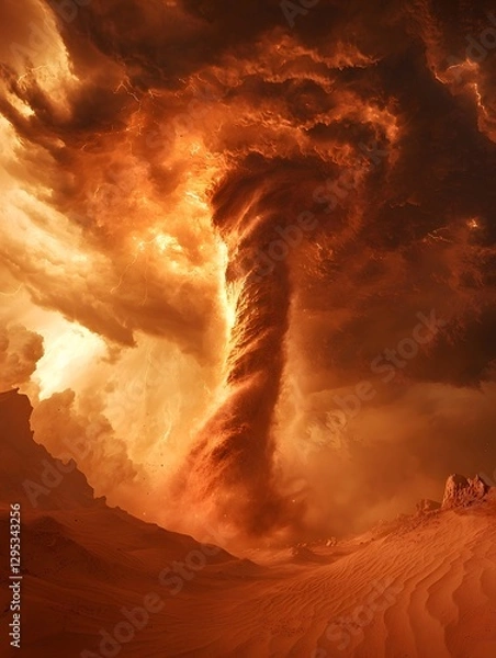 Obraz Under the sunset, an orange red tornado swept over the tranquil sand dunes