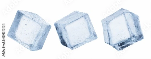 Fototapeta Three unique transparent ice cubes arranged in a triangle with water droplets, on a white background.