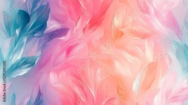Fototapeta A mesmerizing oil-painted background of colorful whimsical leaves, swirling patterns of pink, mint green, lavender, and sky blue, soft brush strokes creating a fluid, magical atmosphere,