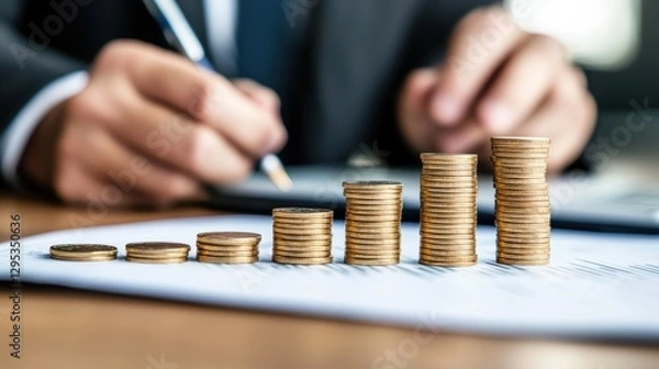 Fototapeta A professional man dressed in a suit and tie holding a pen in one hand and a stack of coins in the other