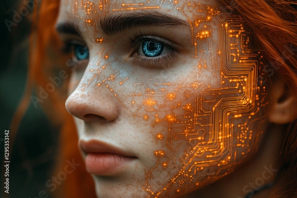Fototapeta Close-up portrait of a young woman with glowing orange digital circuitry on her face, blending beauty with futuristic technology.