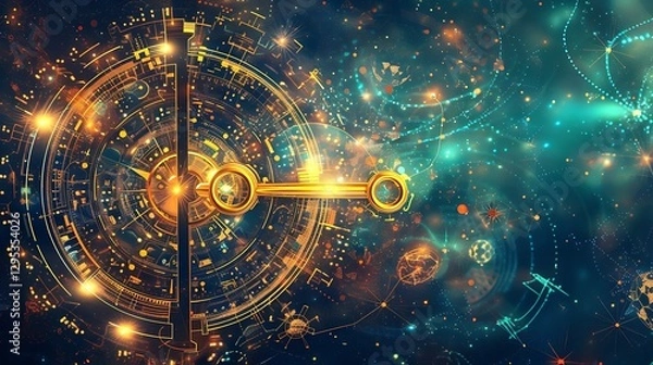 Fototapeta Futuristic Digital Clock Design with Abstract Background and Golden Elements in Space Environment