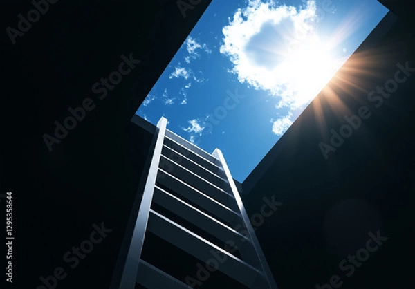 Fototapeta Inspirational image of a ladder reaching upwards to a sunny blue sky, symbolizing ambition and the path to success.