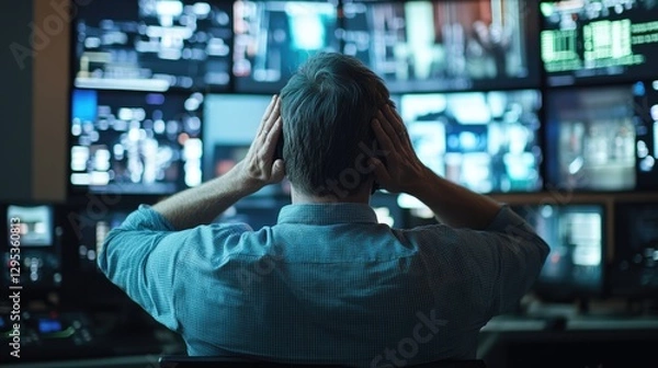 Fototapeta Man Overwhelmed by Information on Screens