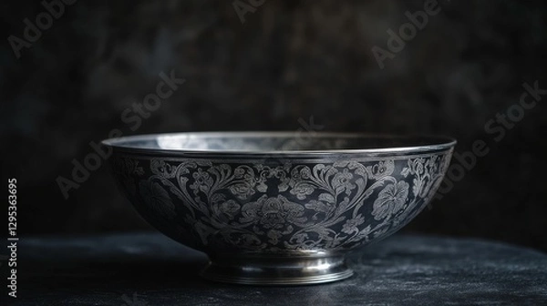 Fototapeta 118.A vintage-inspired silver bowl with delicate dark decorations and detailed etchings, set against a dark background to emphasize the antique style and intricate craftsmanship of the piece.