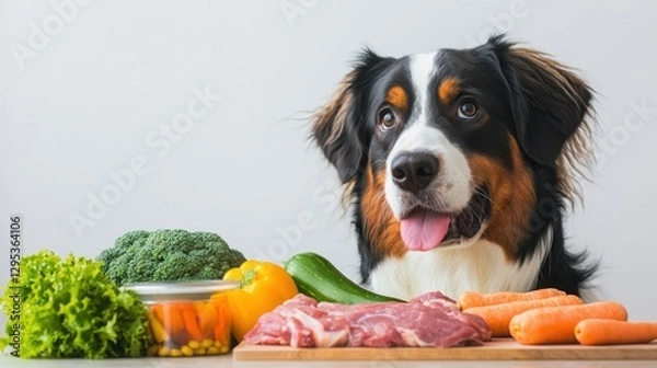 Fototapeta Pet wellness includes diet and supplements. Dog with fresh ingredients on a kitchen counter.
