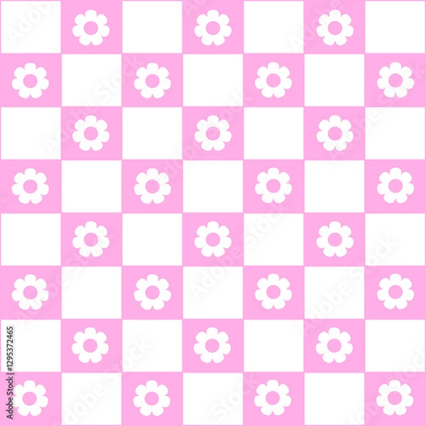 Fototapeta Abstract seamless pattern with flowers. Retro checkered pink background. 