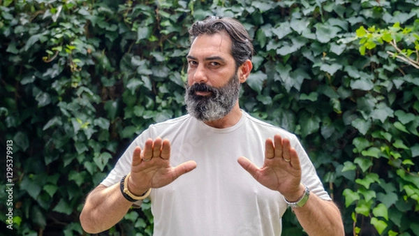 Obraz A middle-aged,  man with dark hair and a beard, looking at the camera and making a "stop" gesture with his hand in a wooded area
