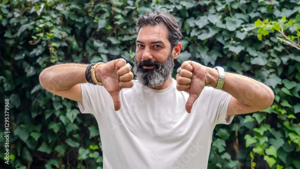Obraz A middle-aged, fair-skinned man with a beard, in an outdoor wooded area, looking at the camera and making a "no" gesture by pointing his thumb downward