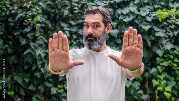 Obraz A middle-aged,  man with dark hair and a beard, looking at the camera and making a "stop" gesture with his hand in a wooded area