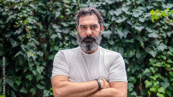Obraz A middle-aged, fair-skinned, bearded man looking at the camera with an angry expression in a close-up shot, outdoors in a wooded area