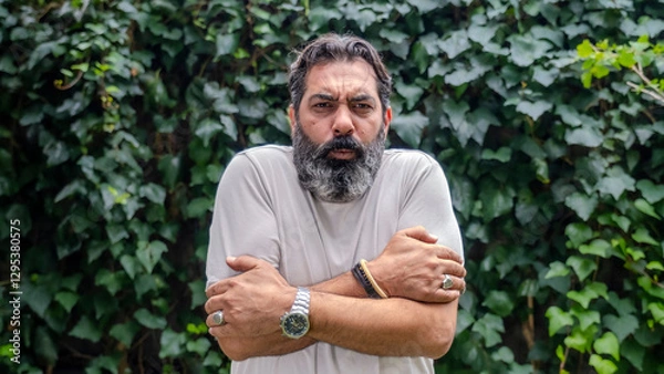 Obraz A middle-aged, fair-skinned, bearded dark-haired man looking at the camera with a facial expression showing that he's cold, set in an outdoor, wooded area