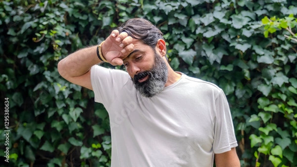 Obraz A middle-aged, dark-haired man with a beard and fair skin, outdoors in a wooded area, looking at the camera in close-up with an expression showing discomfort from the heat