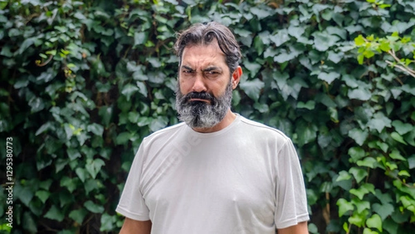 Obraz A middle-aged, dark-haired man with a beard and fair skin making funny facial expressions while looking at the camera in a close-up shot in a wooded outdoor setting