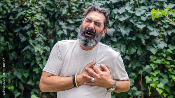 Obraz A middle-aged, white-skinned, bearded, dark-haired man in a wooded area, looking at the camera while placing his hand on his chest as if he's having a heart attack