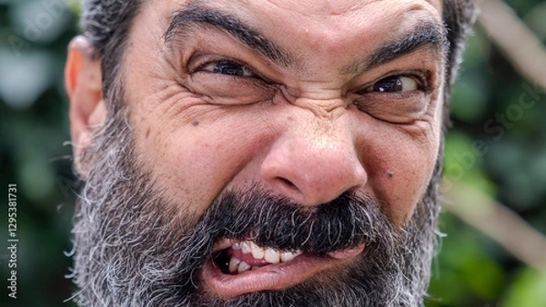Obraz An extreme close-up headshot of a middle-aged man making funny facial expressions while looking at the camera
