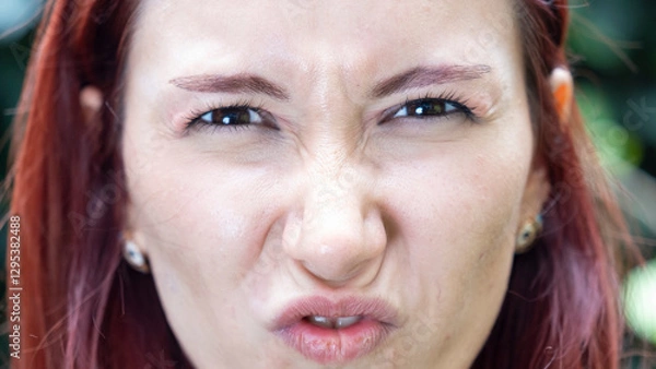 Obraz A very close-up headshot of a young woman making funny facial expressions while looking at the camera