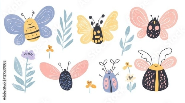 Fototapeta Adorable garden creature compilation featuring happy bugs with simple shapes, decorative wing patterns, soft pastel colors, child-friendly design elements, rounded edges, minimalist line work, sweet