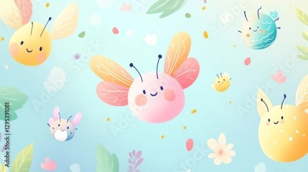 Obraz Delightful bug collection with kawaii-inspired faces, soft round bodies, decorative antennae and wings, gentle gradient colors, simple geometric patterns, child-safe design elements, educational art