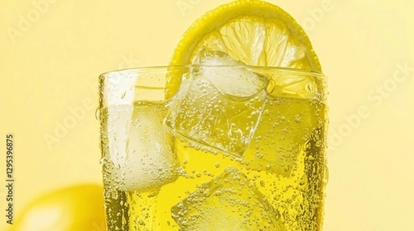 Fototapeta Vibrant Lemon Soda with Ice and Fresh Lemon Slice in Macro Shot