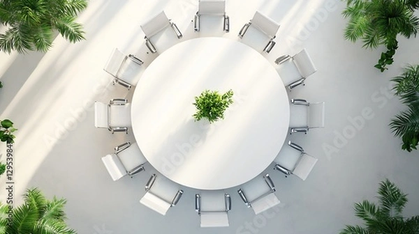 Obraz Aerial View of a Modern Conference Room with Round Table and White Chairs