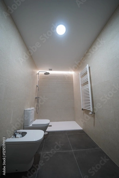 Fototapeta Newly renovated bathroom with a toilet, bidet, wall radiator, and shower with LED lighting. Minimalist design, missing sink, mirror, and shower screen. Modern and unfinished look.
