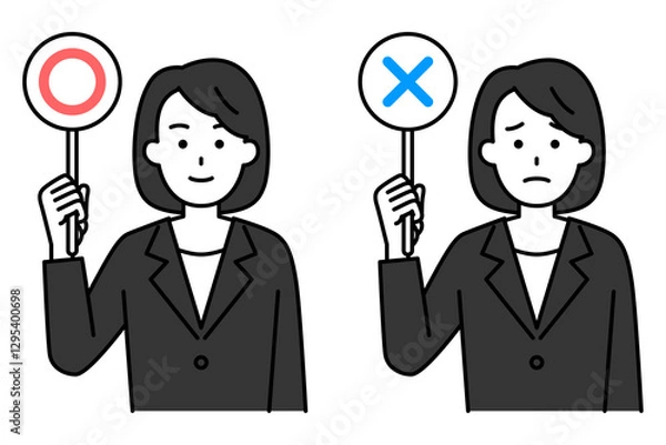 Fototapeta ○×マークのプラカードを上げる黒いスーツの女性