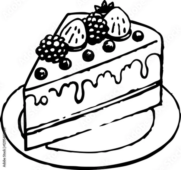 Fototapeta Delicious chocolate cake slice with berries and icing on plate