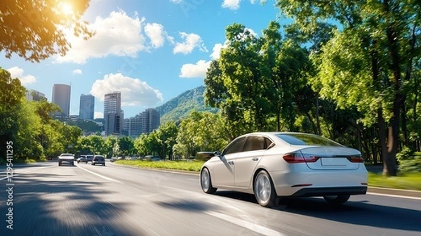 Fototapeta Pollution air solutions for a cleaner world. A car driving on a scenic road with trees and a city skyline.