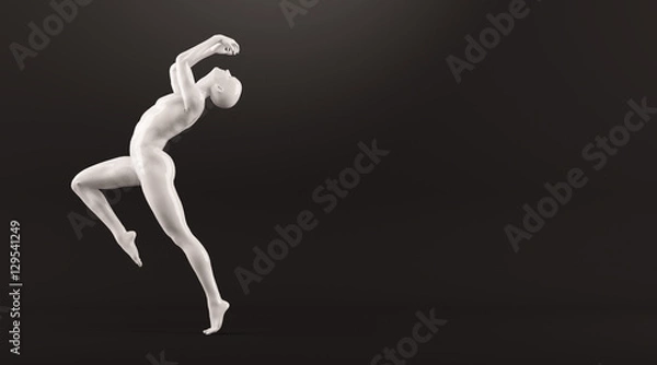 Fototapeta Abstract white plastic human body mannequin over black background. Action running and jumping pose. 3D rendering illustration