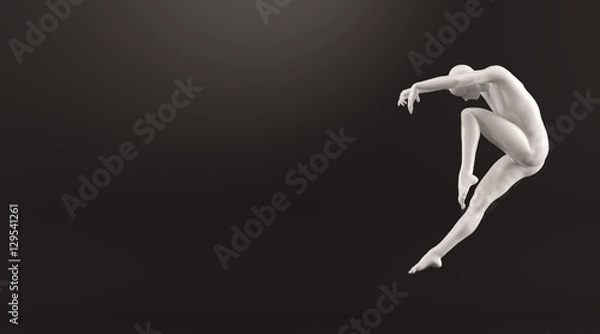 Fototapeta Abstract white plastic human body mannequin over black background. Action dance jump ballet pose. 3D rendering illustration