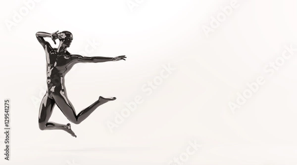 Fototapeta Abstract black plastic human body mannequin over white background. Action jumping pose. 3D rendering illustration