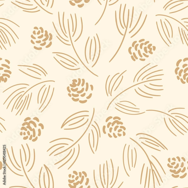 Fototapeta Scattered pine cones, dry flowers and branches in a color palette of light brown on a beige background. Christmas seamless vector pattern. Great for home decor, fabric, wallpaper, giftwrap, stationery
