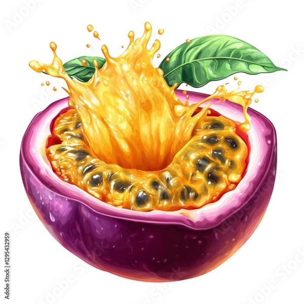 Fototapeta A vector-style artwork of a halved passion fruit, its golden-yellow juice bursting out dynamically, transparent background, PNG
