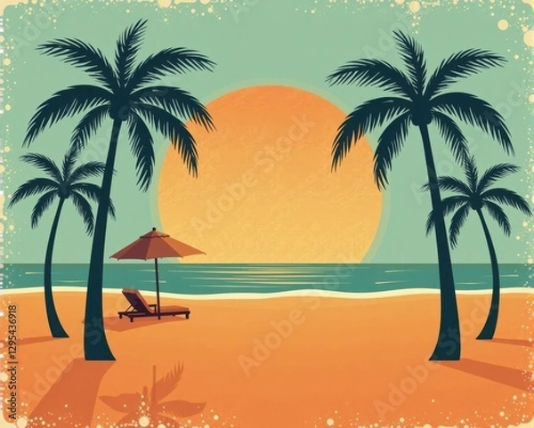 Fototapeta A tranquil beach scene at sunset, featuring palm trees and a lounge chair under an umbrella, evoking relaxation and warmth.