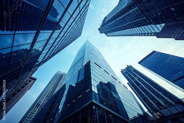 Fototapeta Low angle view of modern skyscrapers reaching for the sky.