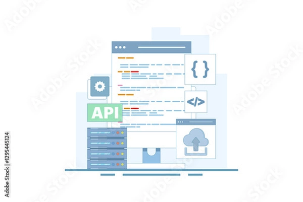 Fototapeta Application Programming Interface Concept, API provides an interface for communication between applications, software development tools, the Internet, and networks. flat vector illustration.