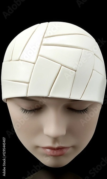Fototapeta Woman's head with bandaged forehead, eyes closed.