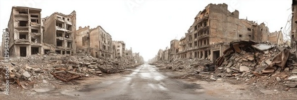 Obraz War-torn city street, rubble-filled, destruction, empty buildings