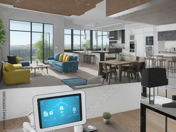 Fototapeta A large living room with a white tablet on a table