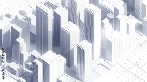 Fototapeta A sleek isometric rendering of an ultra-modern city block, featuring contemporary skyscrapers with geometric symmetry, uniform glass windows, and a monochrome white-gray aesthetic