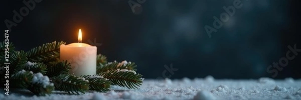 Obraz Single burning candle on fir branches against a dark grey backdrop, snow, monochromatic background