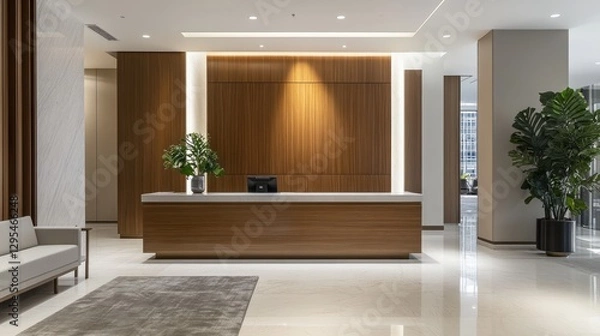 Fototapeta A sleek and stylish business lobby featuring a wood-accented reception desk and modern interior elements