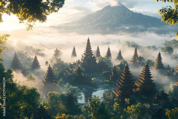 Obraz Misty Sunrise Over Ancient Indonesian Temples